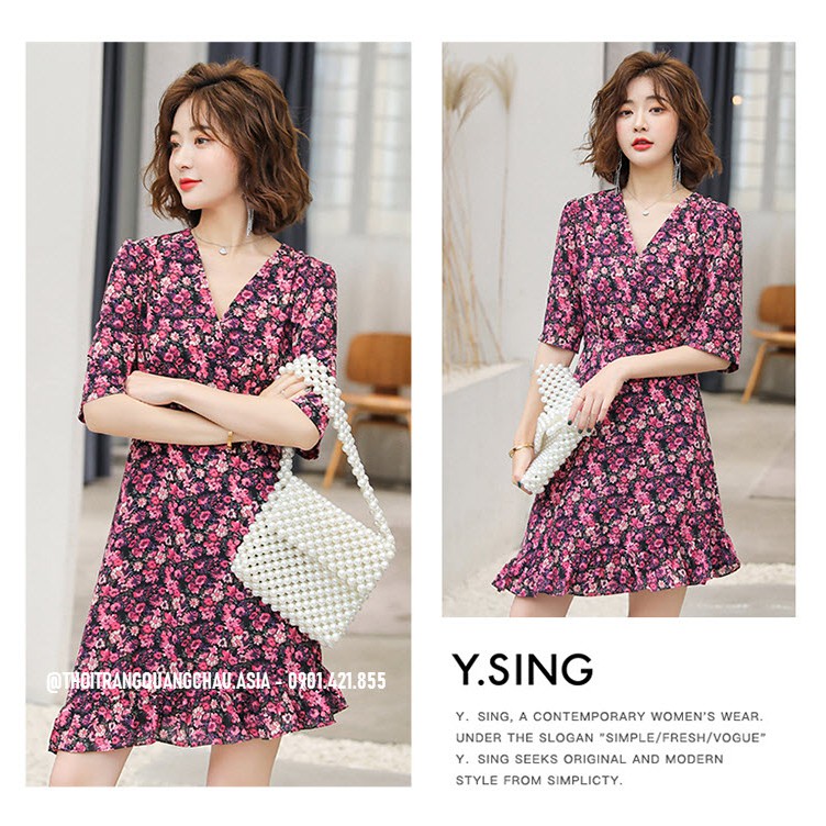 Đầm Hoa Mùa Hè Cổ V Có Dây Cột Eo Style Hàn Quốc QC 78