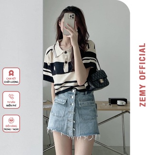 Áo thun polo nữ áo len cổ bẻ croptop có cổ dệt kim phong cách Hàn Quốc
