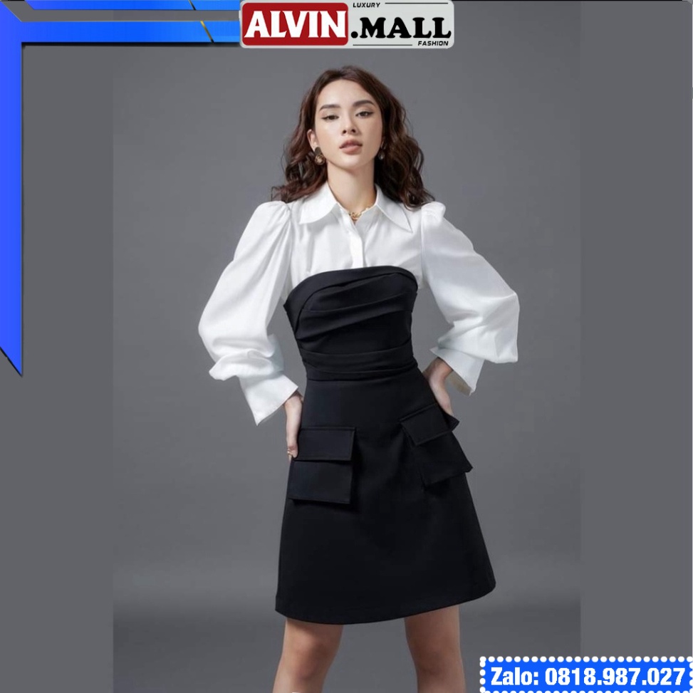 🔥𝓠𝓾ả𝓷𝓰 𝓒𝓱â𝓾 CAO CẤP🔥 Set áo sơmi croptop và đầm xòe chữ A cúp ngực phối túi màu đen nude vải lụa chéo phi mờ la