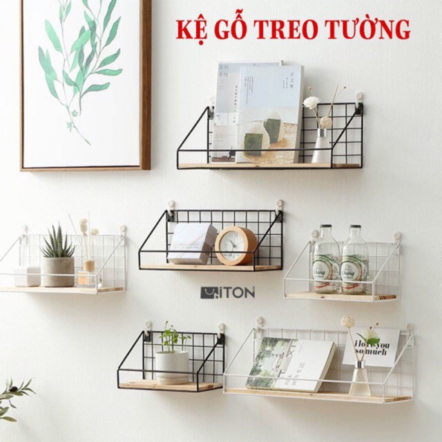 Kệ Sắt Đáy Gỗ Treo Tường Trang Trí, Kệ Để Đồ Đa Năng Có Rào Chắn Tặng Kèm Đinh Treo Tường