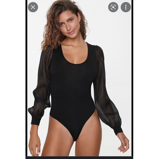 Bodysuits đen tay dài phối voan lưới đen f21 vnxk bodysuit sheer long sleeves forever 21 xuất khẩu dư xịn