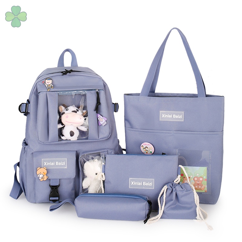 Set Ba Lô 5 Món Túi Xách Ví Canvas Màu Trơn In Hình Hoạt Hình Dễ Thương Trọng Lượng Nhẹ Thời Trang Cho Nữ