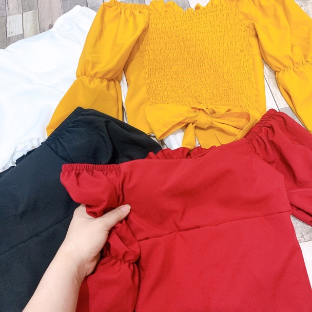 Áo kiểu nhún lưng nơ kèm mút ngực