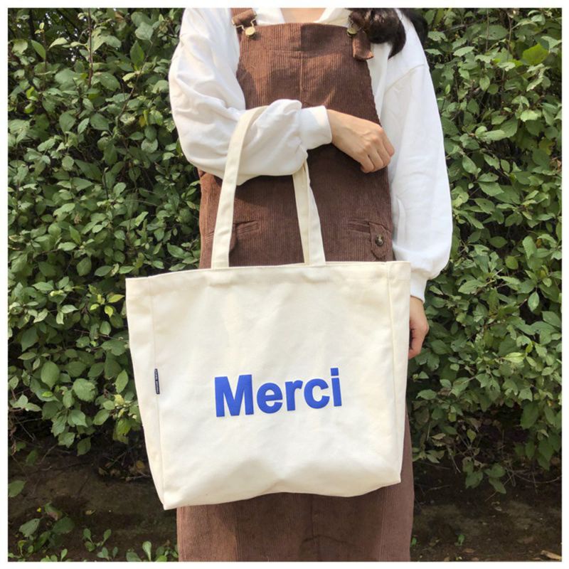 Túi tote vải vintage cao cấp MERCI( có khoá+ ngăn phụ)