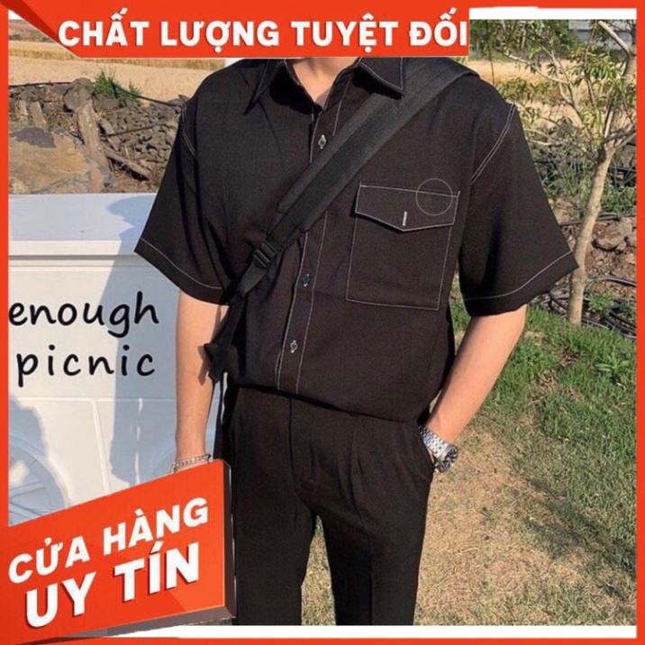 Áo sơ mi tay ngắn trắng đen Viền Chỉ, Cổ Vest unisex nam nữ form rộng vải lụa túi hộp cao cấp năm 2020 - Hàng nhập khẩu