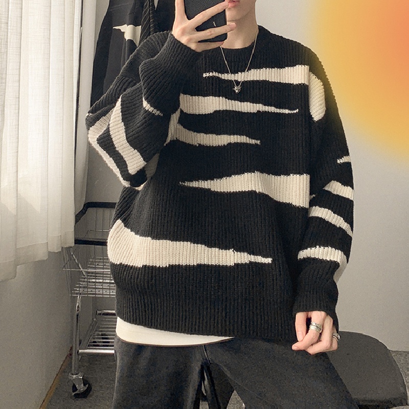 Áo sweater dệt kim cổ tròn dáng rộng kẻ sọc kiểu Hàn Quốc thời trang thu đông cho nam size M-2XL