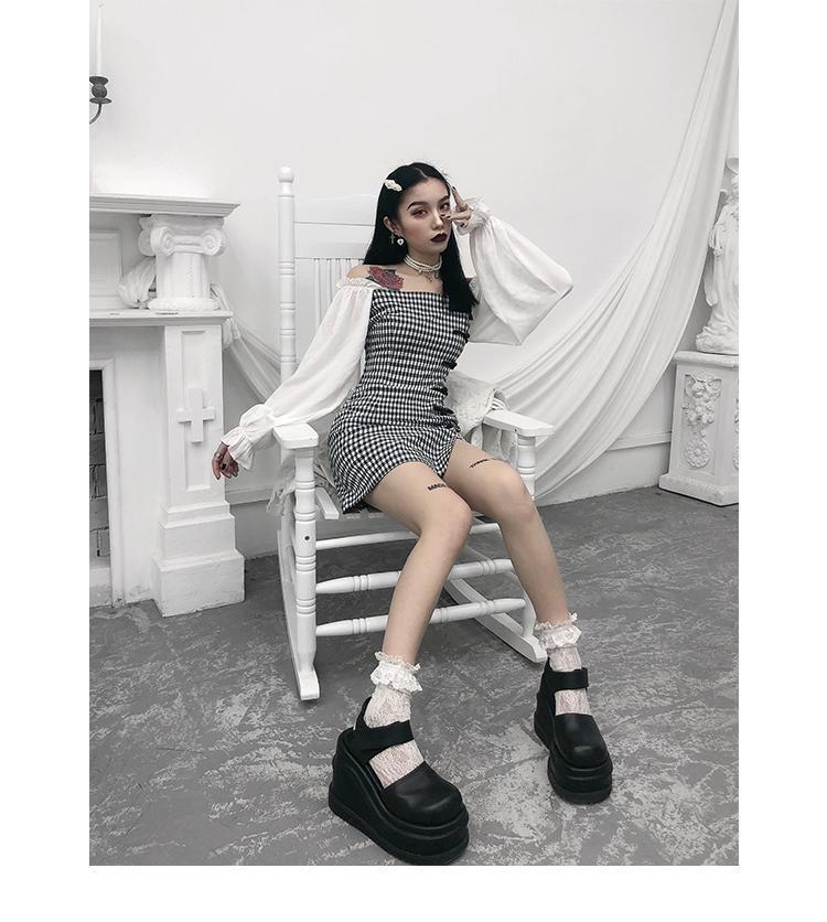 Đầm tay dài không dây họa tiết caro ôm eo cho nữ