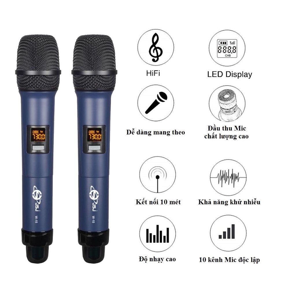 [2 mic] Micro karaoke không dây cao cấp JSJ W-15 tích hợp màn hình led chuyên nghiệp,sử dụng công nghệ sơn tĩnh điện