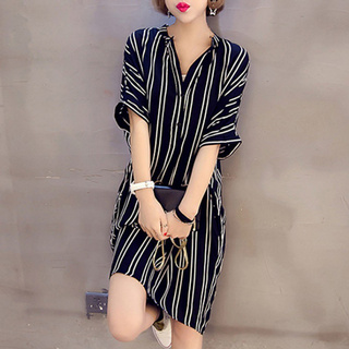 Đầm tay lửng cổ chữ V kẻ sọc thời trang