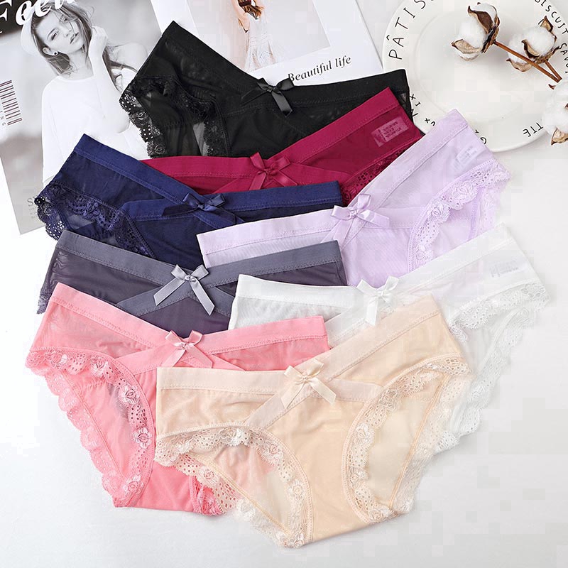 Quần lót eo thấp vải lưới xuyên thấu thoáng khí không đường may phối ren và đính nơ gợi cảm cho nữ | BigBuy360 - bigbuy360.vn