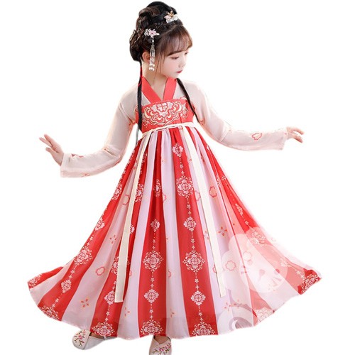 Bộ hán phục công chúa màu đỏ in hoa văn cho bé gái + Tặng khăn lụa