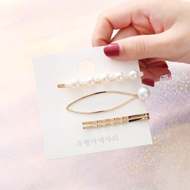 Set 3 kẹp tóc kim loại đính ngọc giả xinh xắn cho nữ