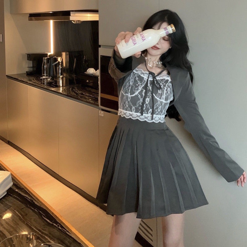 Set Đầm Hai Dây Xếp Ly + Áo Khoác Vest Phong Cách Hàn Quốc Thời Trang Mùa Hè Mới 2021