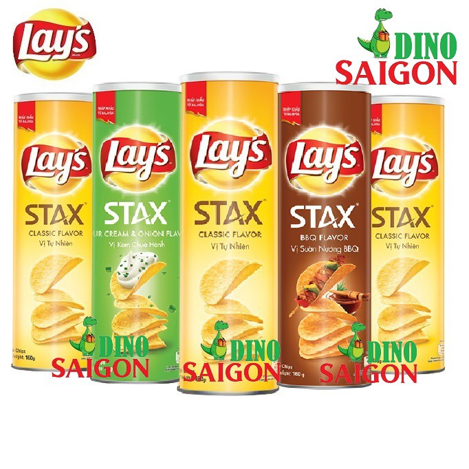 Combo 5 Hộp Bánh Snack Khoai Tây Lay's Stax Malaysia 160g Mix 3 Vị gồm 3 Tự Nhiên + 1 Kem Chua Hành + 1 Sườn BBQ