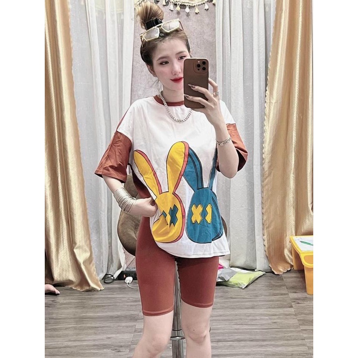Sét bộ lững thời trang nữ mặc đi chơi chất thun tici in 2 con thỏ mắt X cổ tròn tay ngắn mix quần ngố