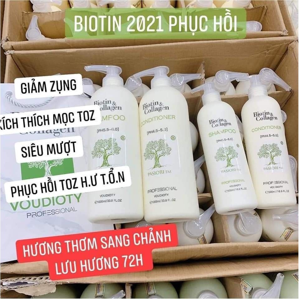 Dầu gội xả Biotin Collagen trắng 1000ml * 2 chống rụng tóc phục hồi sạch gàu kiểm soát dầu chuyên dụng cho SALON