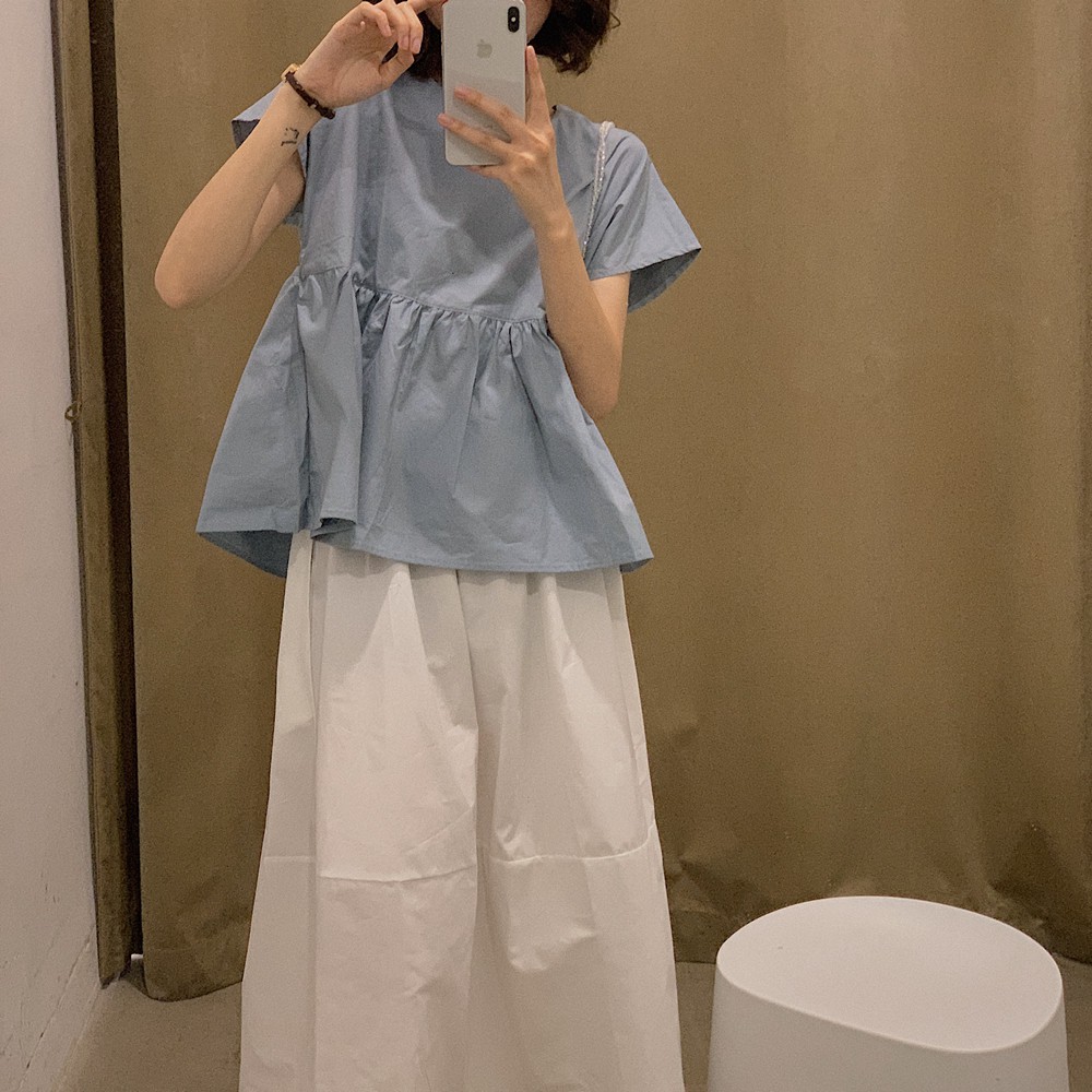 (ORDER) Set áo sơ mi nhún bèo babydoll thắt nơ+ Chân váy trắng xòe dài vintage Hàn Quốc nhẹ nhàng