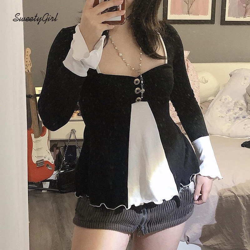 Áo Thun Tay Dài Cổ Vuông Cắt Sâu Ôm Dáng Phối Màu Tương Phản Thời Trang 2022 Cho Nữ