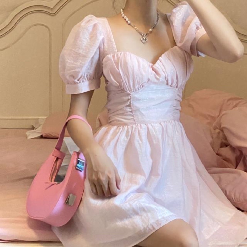 Váy Tiểu Thư Cổ Vuông Dáng Xoè , Đầm Bánh Bèo Dự Tiệc Màu Hồng Siêu Xinh