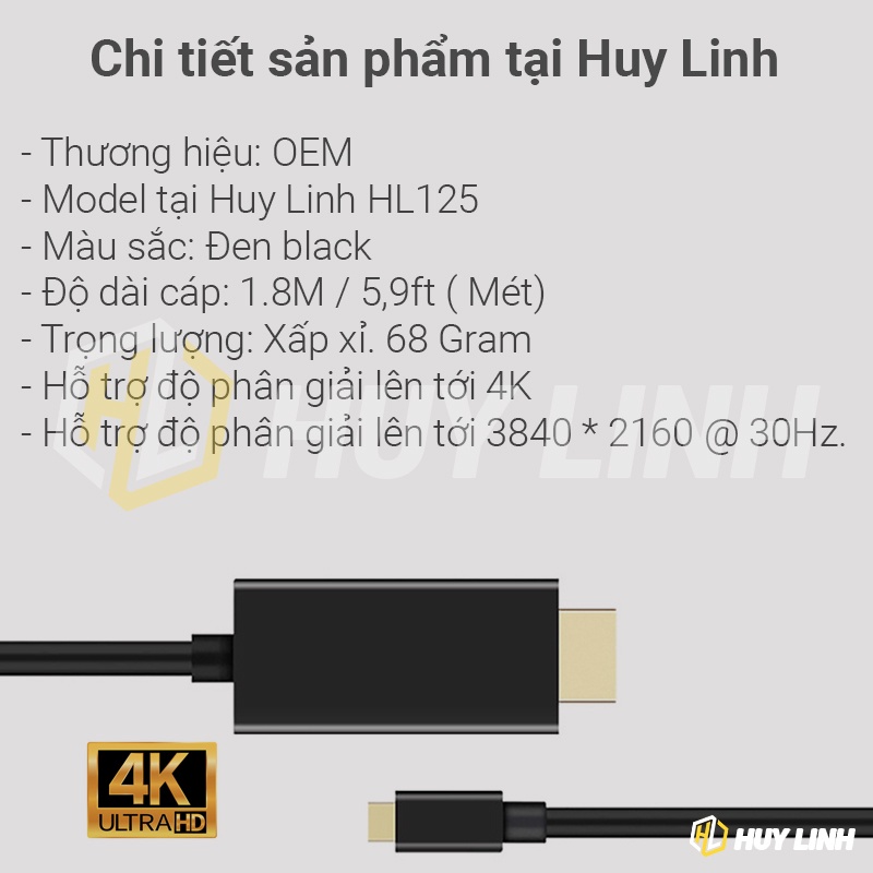 Cáp chuyển đổi Type C to HDMI siêu xịn dài 1.8M - Hỗ trợ 4K 30hz HL125