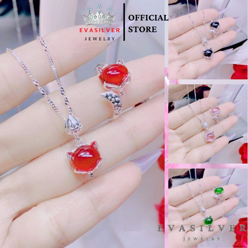 Dây chuyền, Nhẫn hồ ly bạc Ý đính đá màu phong thủy - Trang sức bạc Evasilver