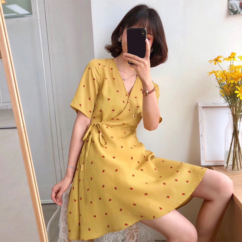 Đầm Midi Chữ A Tay Ngắn Cổ Chữ V Khoét Sâu In Họa Tiết Hoa Kèm Thắt Lưng Thời Trang Quyến Rũ Cho Nữ