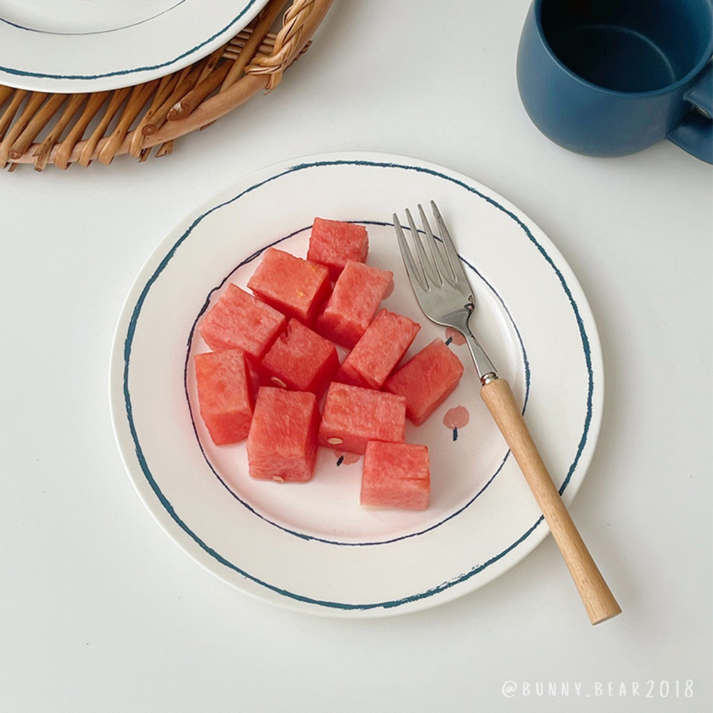 Đĩa sứ viền xanh cherry hồng cao cấp xinh xắn