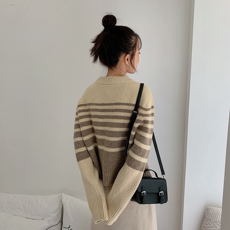 Áo sweater tay dài dáng rộng kẻ sọc phong cách Hàn Quốc trẻ trung