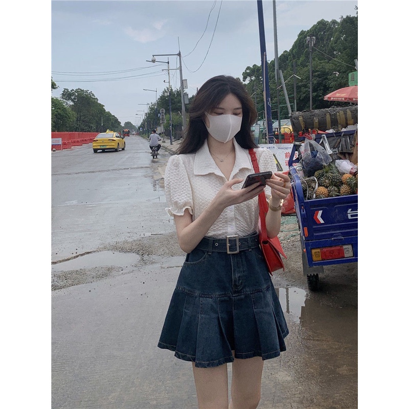 Chân Váy Jean Chữ A Lưng Cao Xếp Ly Thời Trang Mùa Hè Phong Cách Hàn Quốc Cho Nữ