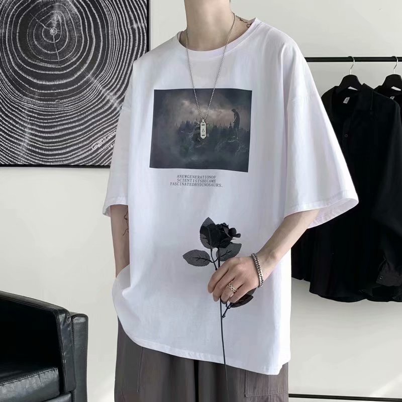 Áo thun tay ngắn dáng rộng in họa tiết thời trang phong cách Hàn Quốc cho nam size M-5XL