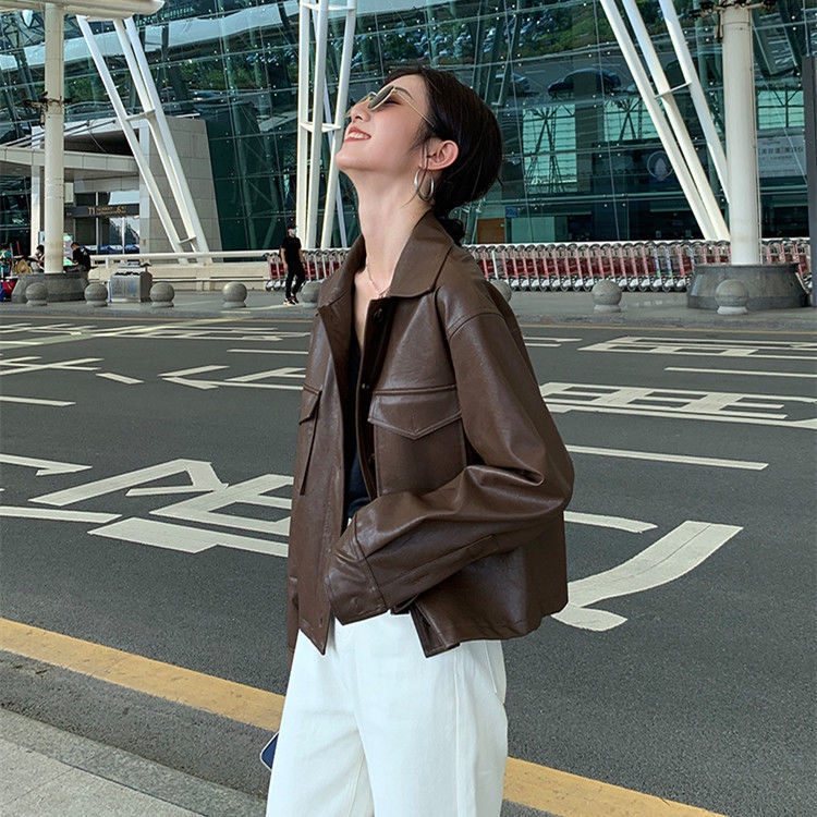 Áo khoác da phối lông dày thời trang thu đông phong cách Hong Kong cho nữ