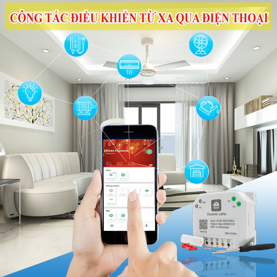 Công Tắc Điều Khiển Từ Xa Qua Điện Thoại Hunonic Lahu 4 kênh│Công tắc thông minh kết nối Wifi│ Hàng Việt Nam giá rẻ nhất