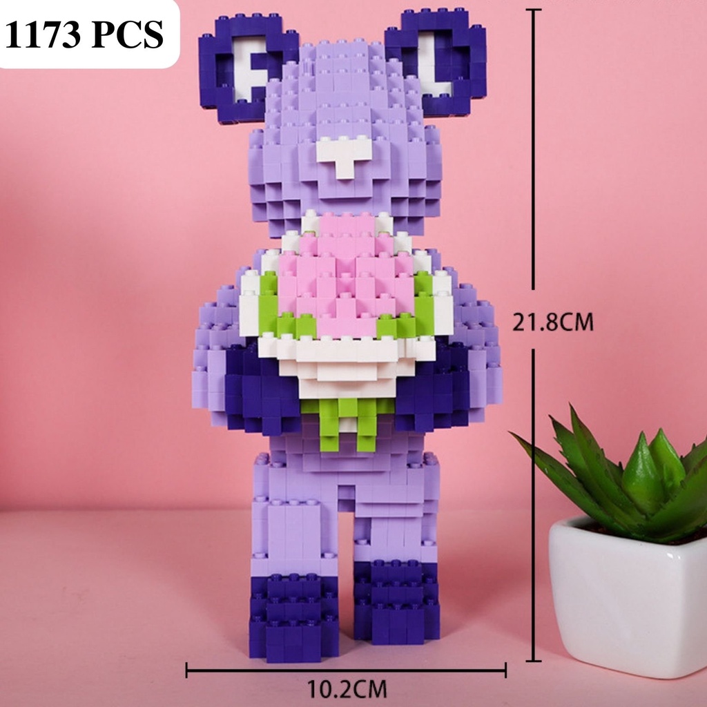 Bộ Lego Bearbrick màu tím ôm bó hoa cao 22cm PT80, Đồ chơi lắp ráp, quà tặng đồ trưng bày