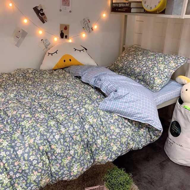 Set Chăn Ga Cotton Poly Hoa Lá Ga Kẻ Ô Vuông Xanh Sọc Tím Bền Mát Shinbedding.shop