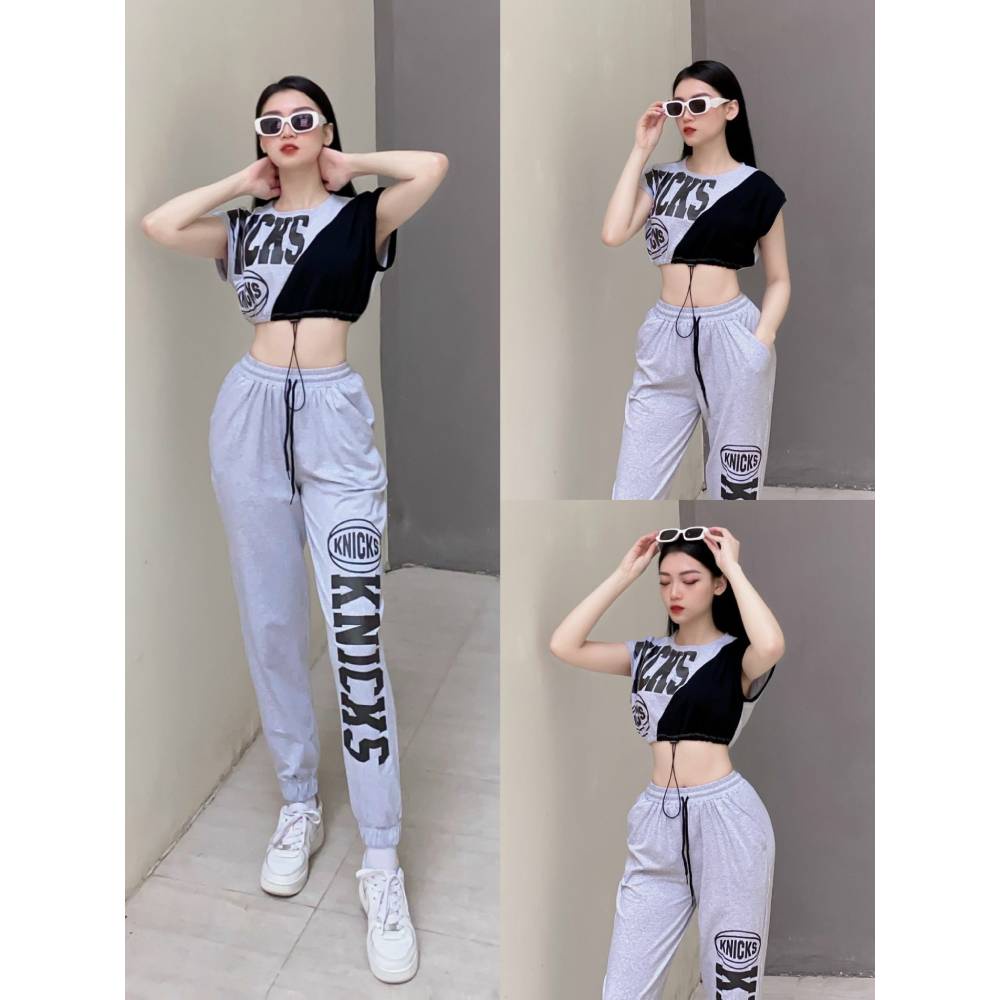 Sét Bộ Knicks Áo Croptop Quần Jogger Siêu Phẩm (Đồ Tập Gym, Yoga Nữ)