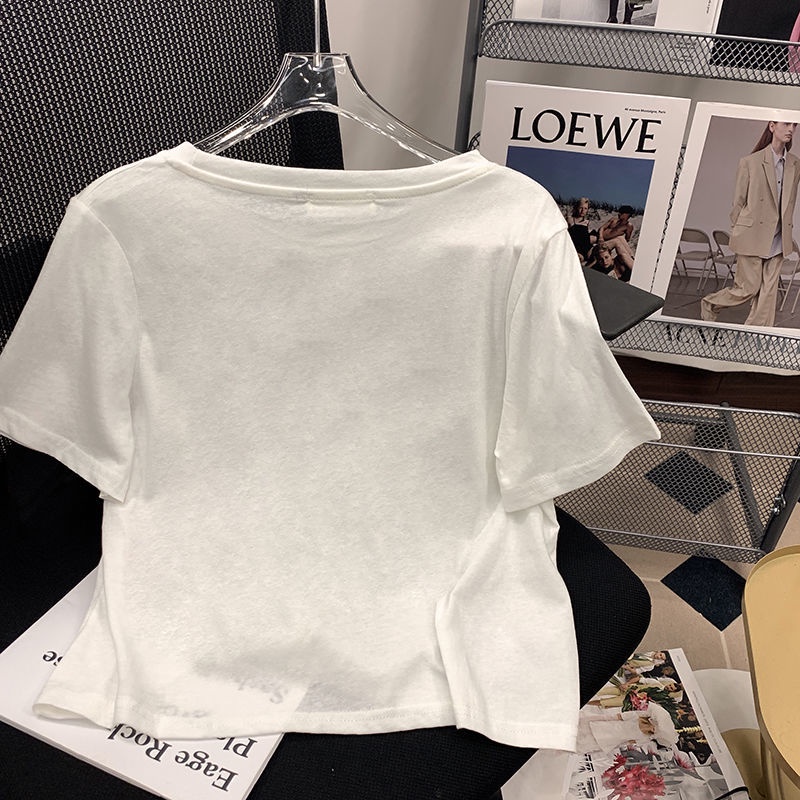 Áo Thun Tay Ngắn Dáng Rộng Phối Dây Rút In Chữ Thời Trang Mùa Hè Cho Nữ