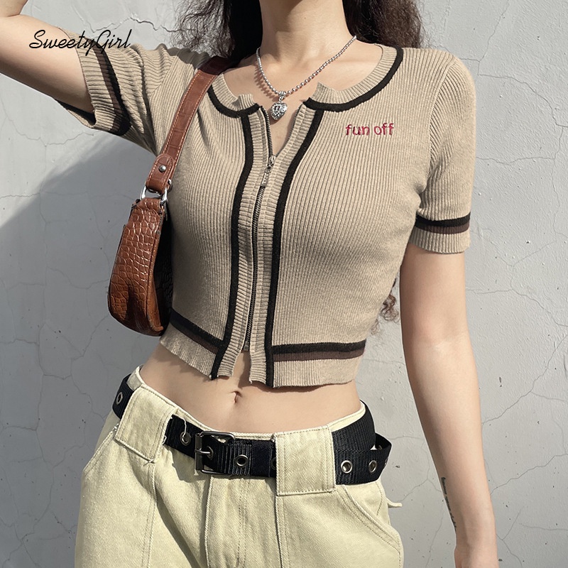 Áo Thun Tay Ngắn Cổ Tròn Màu Trơn Có Khóa Kéo Thêu Chữ Thời Trang 2022 Cho Nữ