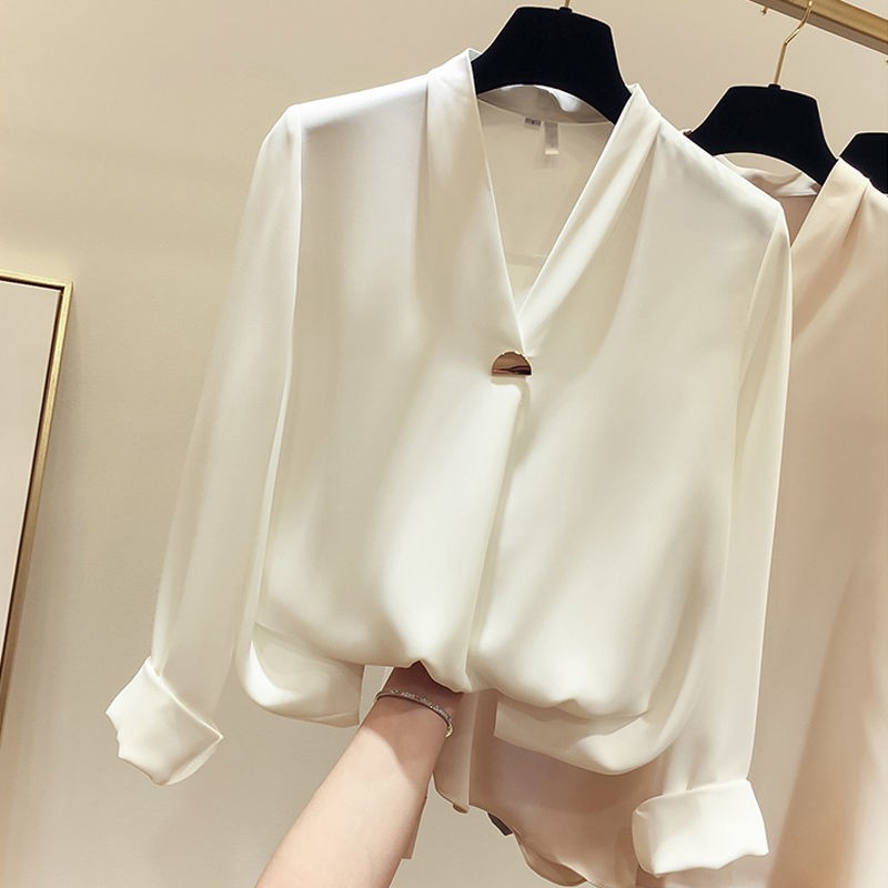 đầm xoèváy suông¤♤۞2021 áo sơ mi trắng mới xuân thu đông 2017 tính khí mỏng cổ chữ V dài tay màu trơn nữ siêu