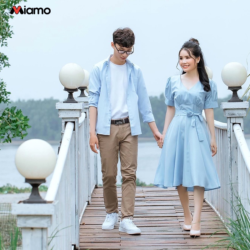 [Freeship] Set đồ đôi áo sơ mi nam - váy nữ thanh lịch chụp hình cưới, du lịch thời trang Miamo MO140 (kèm ảnh thật)