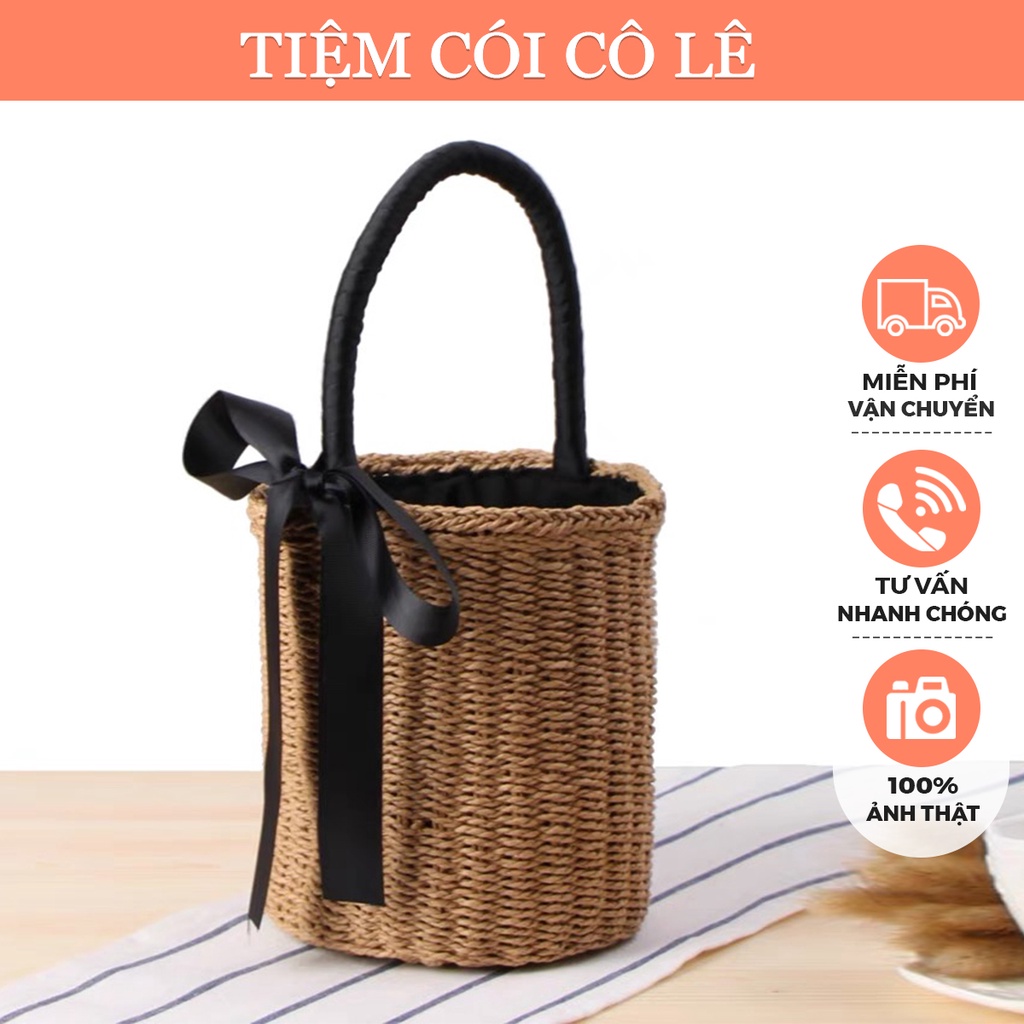 Túi cói đi biển dáng trụ thắt nơ đen xinh xắn - Tiệm Cói Cô Lê