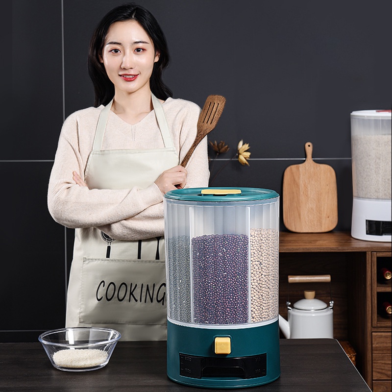 Thùng đựng gạo,ngũ cốc thông minh 4 ngăn- Thùng đựng gạo 10kg xoay 360 độ-Thùng gạo dày-XQY09