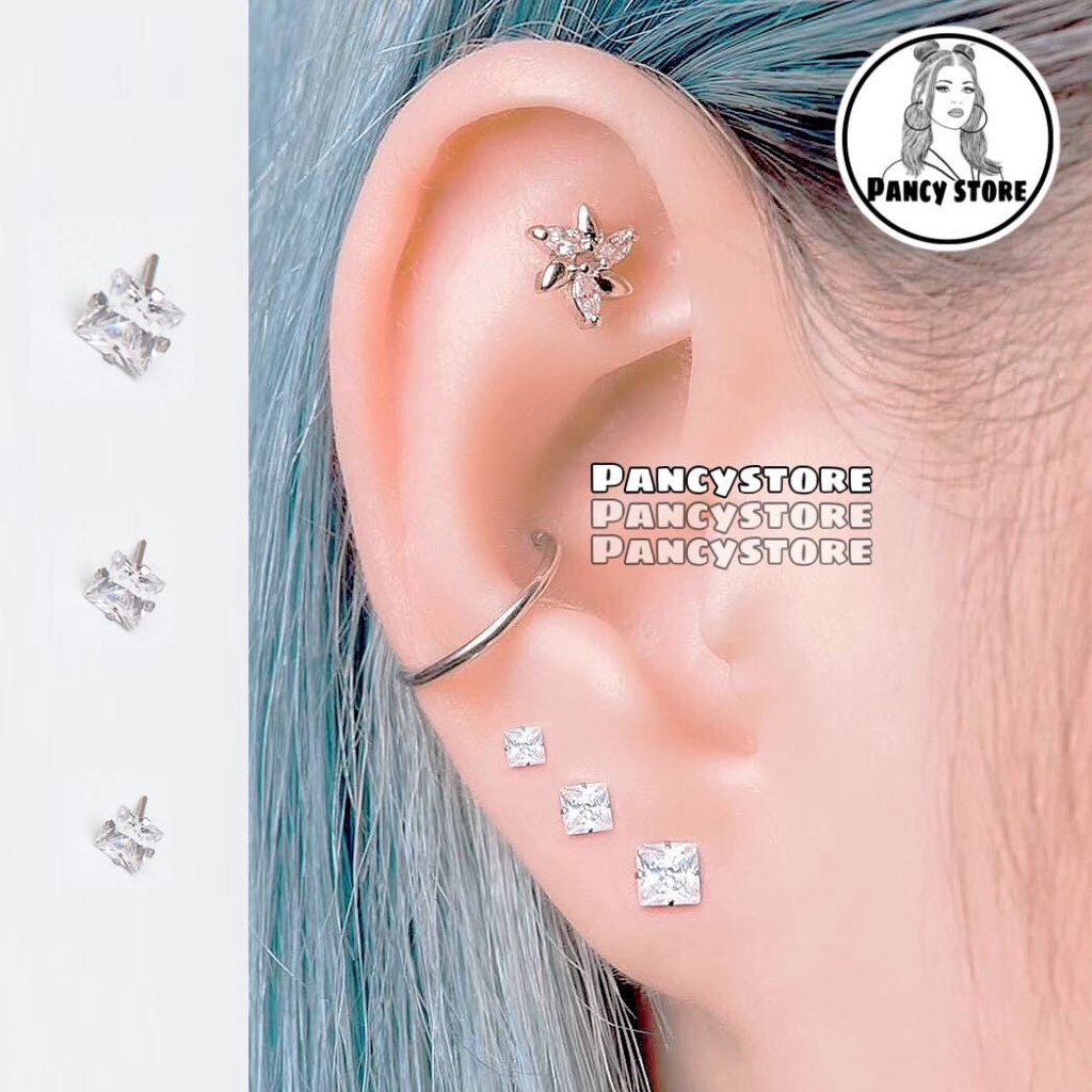 bông tai khuyên tai titan tứ giác kim