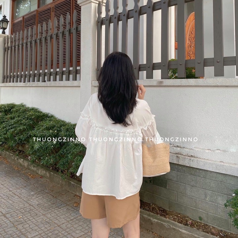 [ẢNH THẬT/VIDEO]Set babydoll gồm áo sơ mi trắng và quần đũi be Set cute Quảng Châu