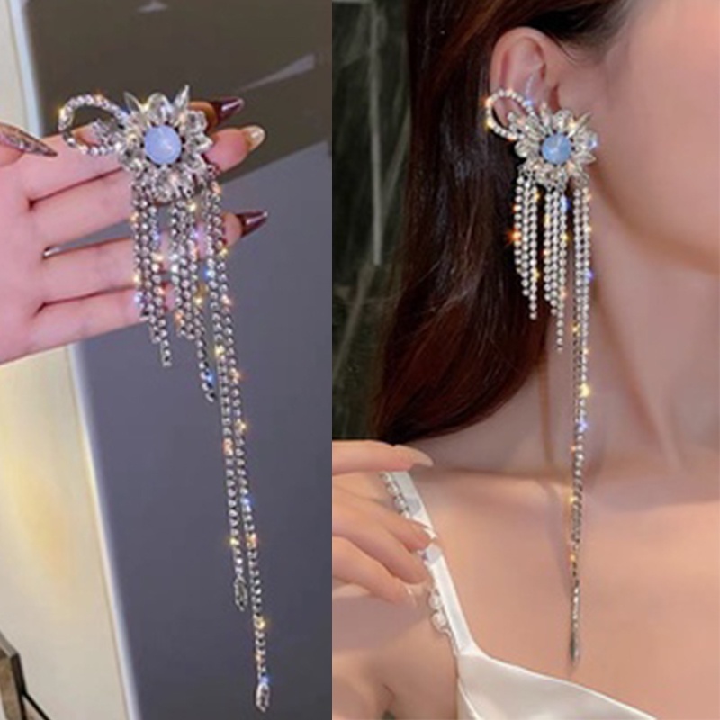 Bông Tai Cỡ Lớn Dáng Dài Đính Đá Phối Tua Rua Thời Trang Cao Cấp Cho Nữ