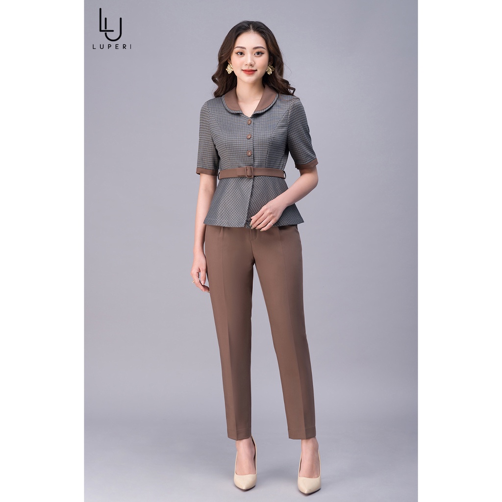 Sét Bộ Nữ Công Sở Cao Cấp LUPERI LFSB499 Áo Cộc Tay Phối Đai Kết Hợp Quần Dài