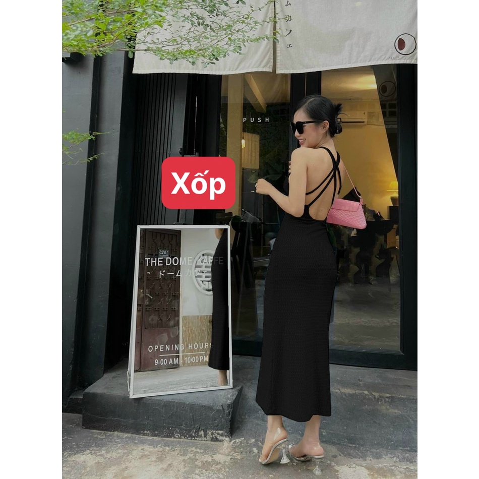 Đầm body dáng dài cổ yếm hở lưng phối 4 dây chéo lưng sexy chất thun xốp MS70