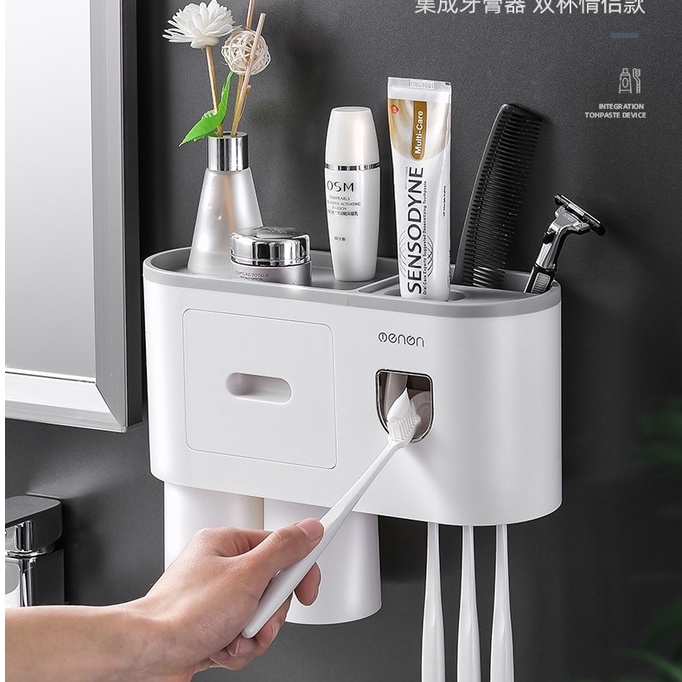 Nhả Kem Đánh Răng OENON Kèm Cốc Hút Từ Tính Có Nhả Kem Tự Động, Kệ Để Đồ Nhà Tắm (Kệ Dán Nhà Tắm)