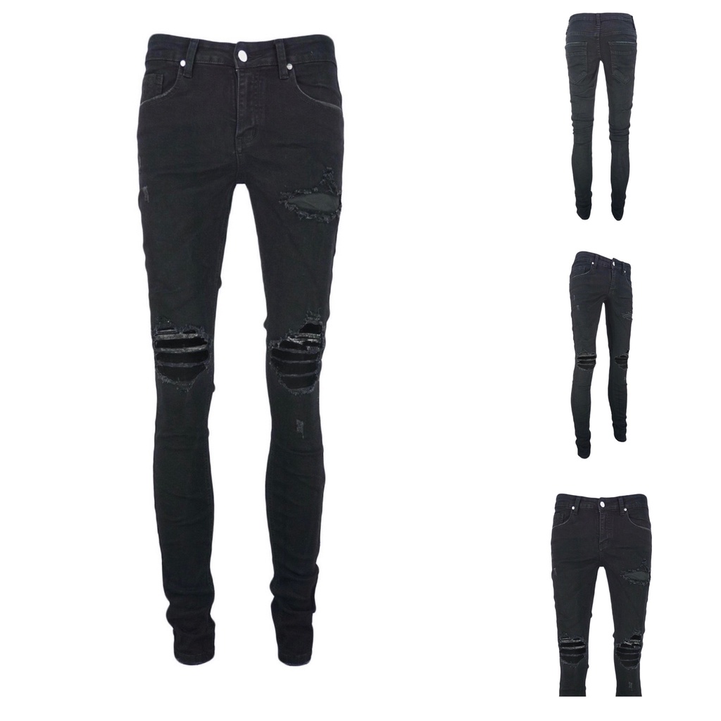 Quần Jeans Nam STREETWEAR Cao Cấp, Quần Bò Rách 3 Lỗ Lớn, Màu Đen Không Phai Màu TLB Vietnam