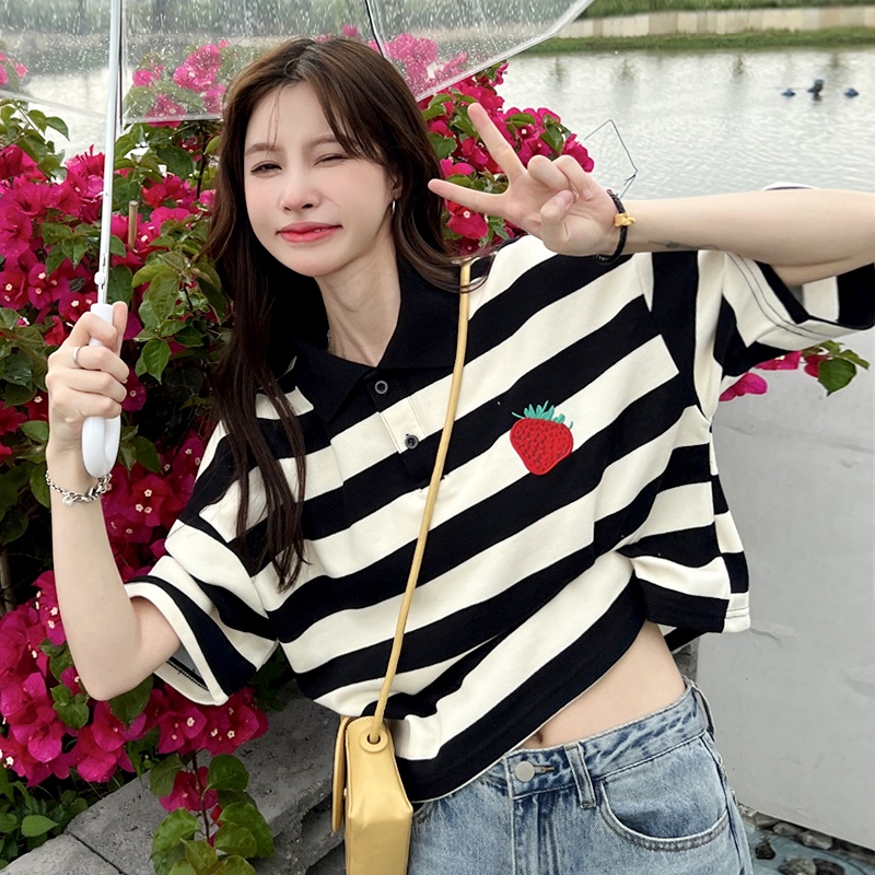 Áo Thun POLO Dệt Kim Tay Ngắn Dáng Rộng Kẻ Sọc Cá Tính