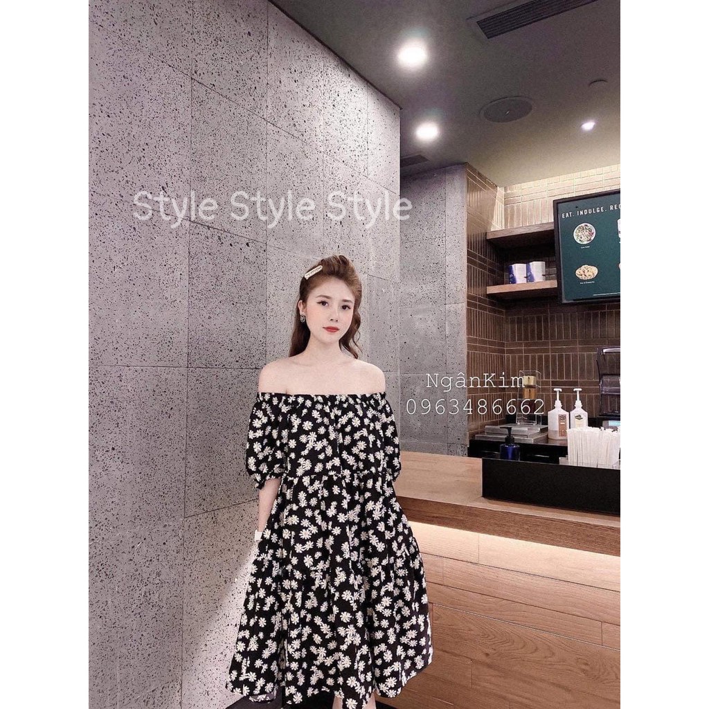 Váy bầu trễ vai họa tiết hoa cúc chất đũi lụa siêu xinh V270